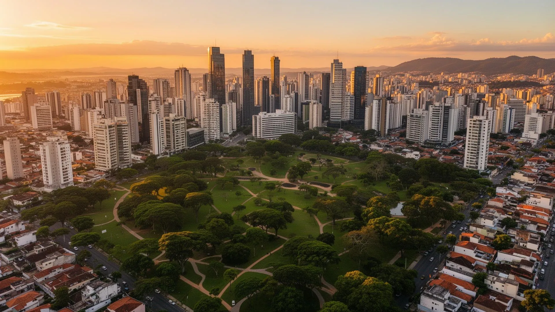 Vista aérea de cidade com áreas verdes integradas ao desenvolvimento urbano